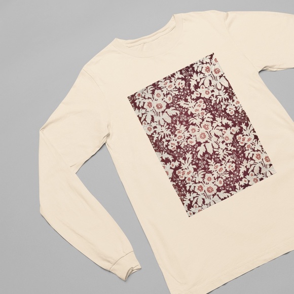 Maroon Floral VTG Textile Pattern Print Long Sleeve Graphic Tee T-shirt S M L XL - Picture 2 of 6